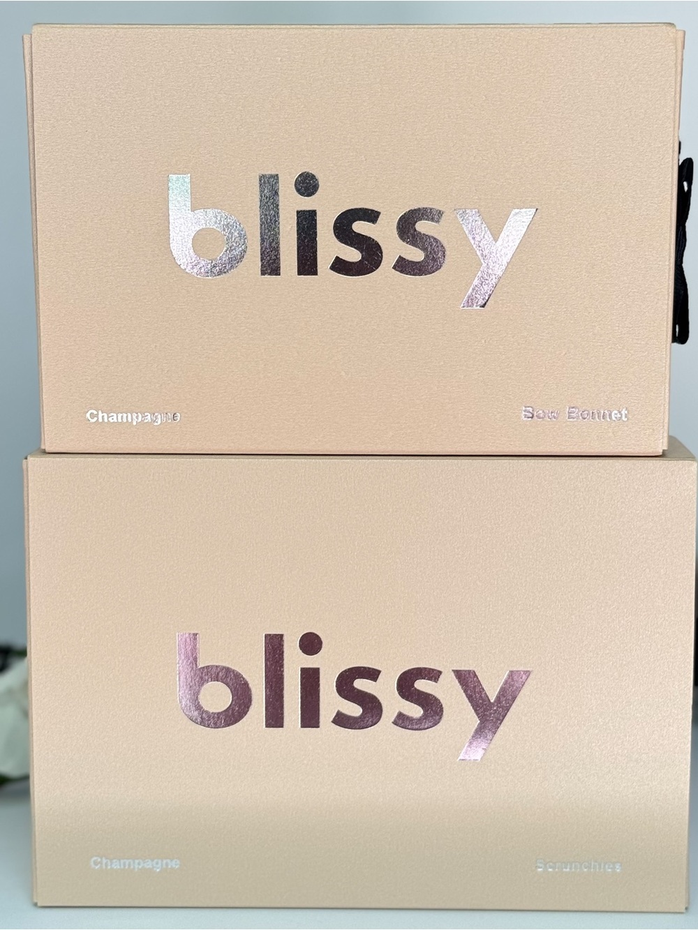 Blissy 100% Mulberry Silk Bundle – Champagne Bow Bonnet + Silk Scrunchies NEW